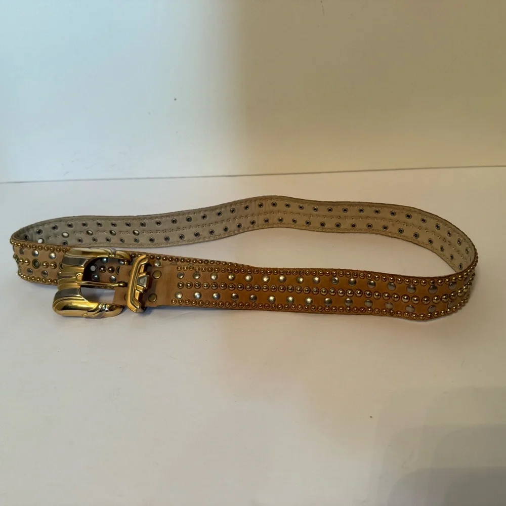 SAND CASTLE USA BELT TAN LEATHER GOLD SILVER STUDS BUCKLE No size Fits M